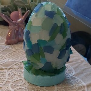 Handcrafted Seaglass Easter Egg Sculpture in Blue & Green - Home Art